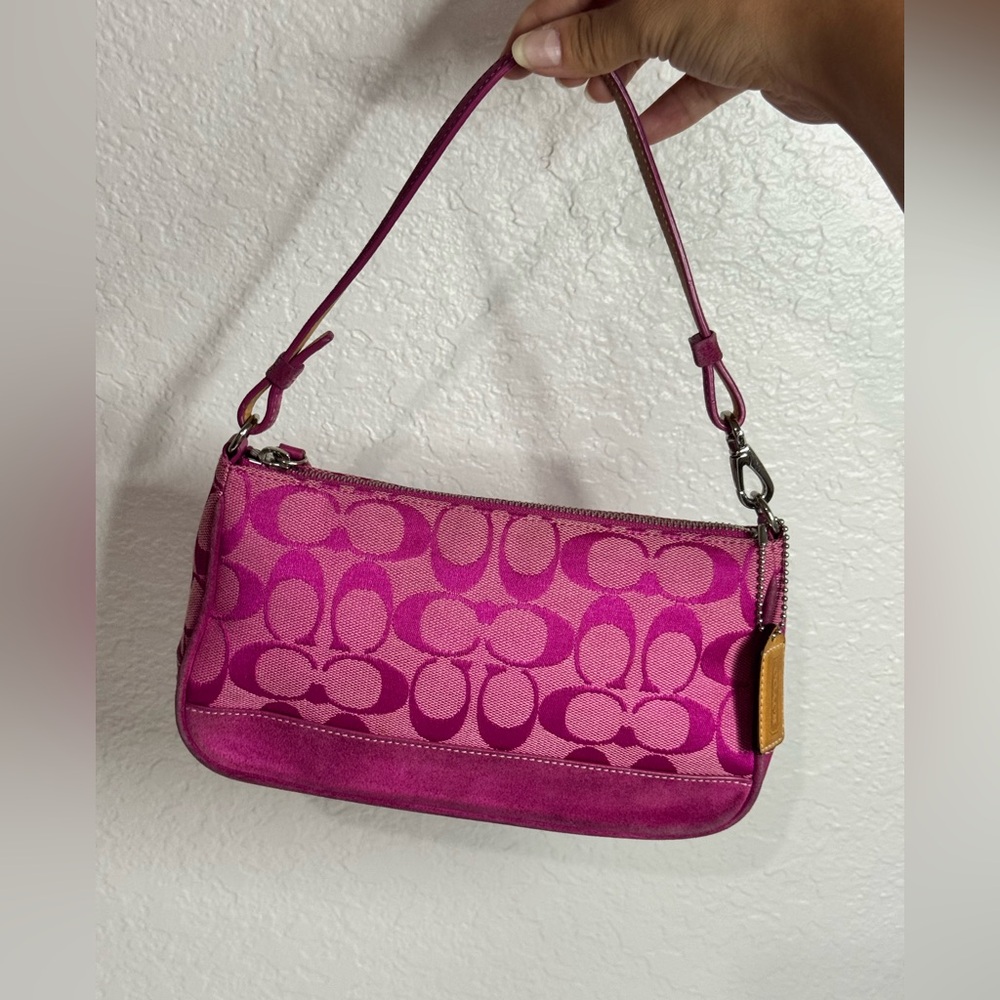 Coach HOT PINK Signature Logo Demi Hamptons Baguette Mini Bag Canvas Leather Y2K - Picture 7 of 12